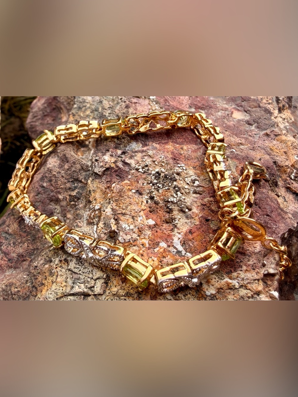 3.55 CTW Peridot & Diamond Gold Plated Bracelet 7.7” - Picture 7 of 13